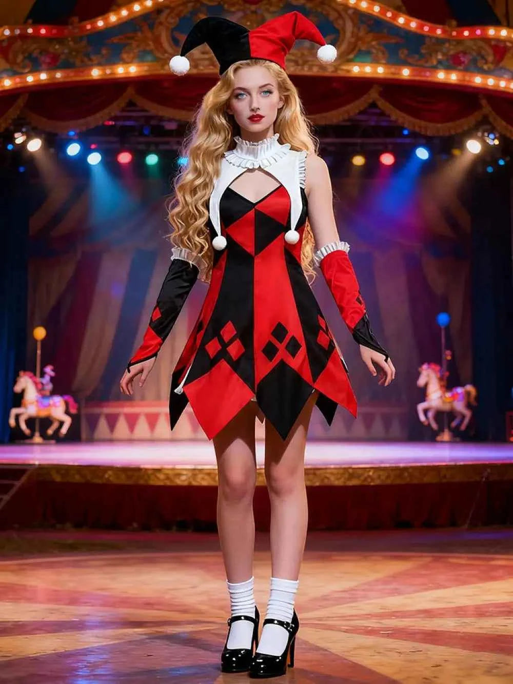 Halloween red and white checkered clown costume for women, clown role-play uniform, Halloween outfit, circus cosplay