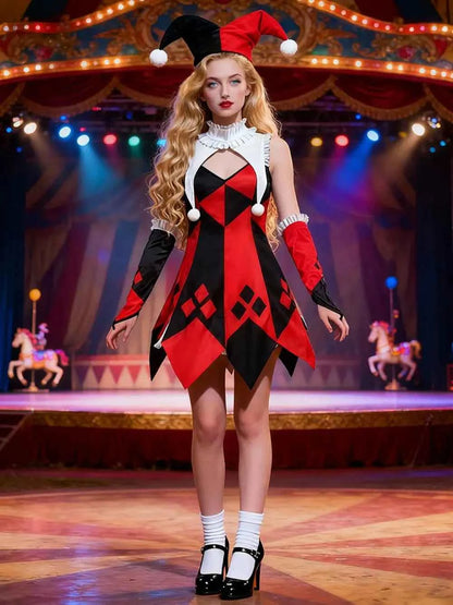 Halloween red and white checkered clown costume for women, clown role-play uniform, Halloween outfit, circus cosplay