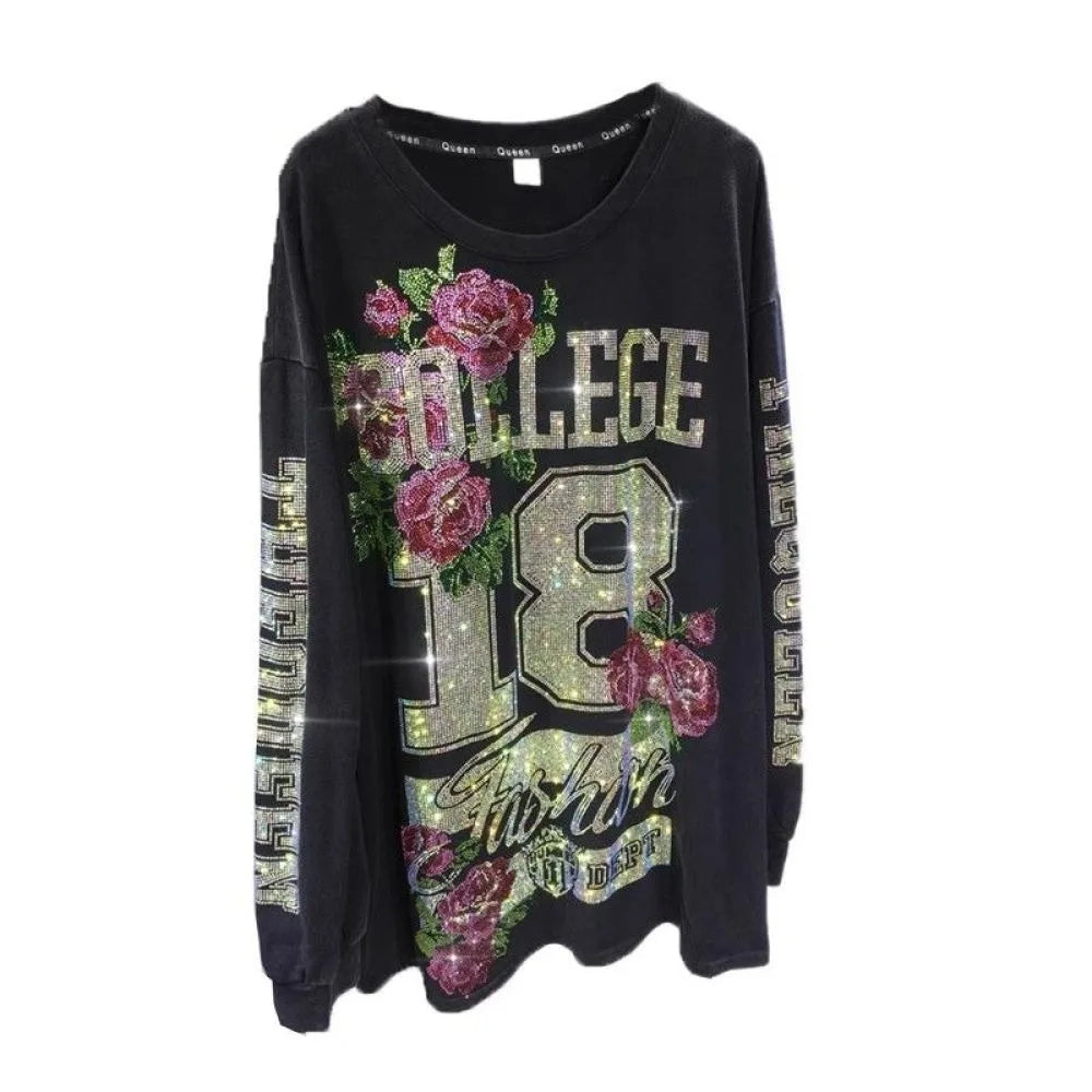 L-4XL 150kg Luxury Diamond Stamping Women's Plus Size Sweatshirts Aesthetics Art Female Pullovers Vintage Winter Lady Sweatshirt SS69 39.69 black / XXXL