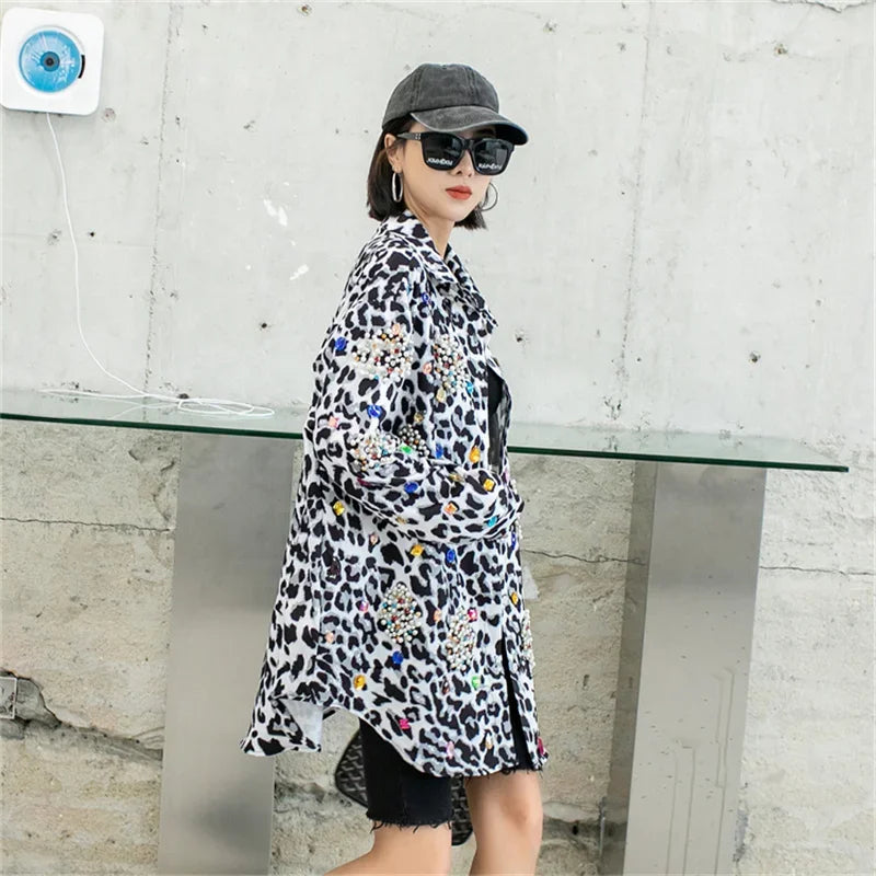 Harajuku Vintage Pearl Beaded Diamonds Leopard Print Women Thin Shirt Jacket Loose Casual Lapel Long Sleeve Female Jacket Coat SS69