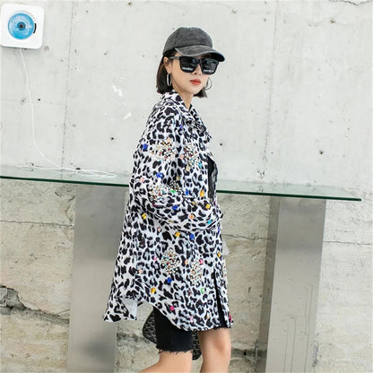 Harajuku Vintage Pearl Beaded Diamonds Leopard Print Women Thin Shirt Jacket Loose Casual Lapel Long Sleeve Female Jacket Coat SS69
