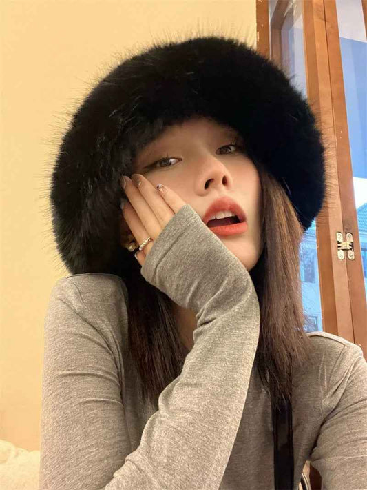2025 Fluffy Faux Fur Bucket Hats Women Rabbit Fur Warm Thick Plush Winter Hat Lady Fashion Luxury Panama Furry Fisherman Cap Y2k
