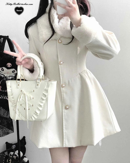 Original Japanese Sweet Imitation Woolen Coat Removable Fur Collar 2025 Winter Jacket Love Single-breasted Wool Overcoat Femlae