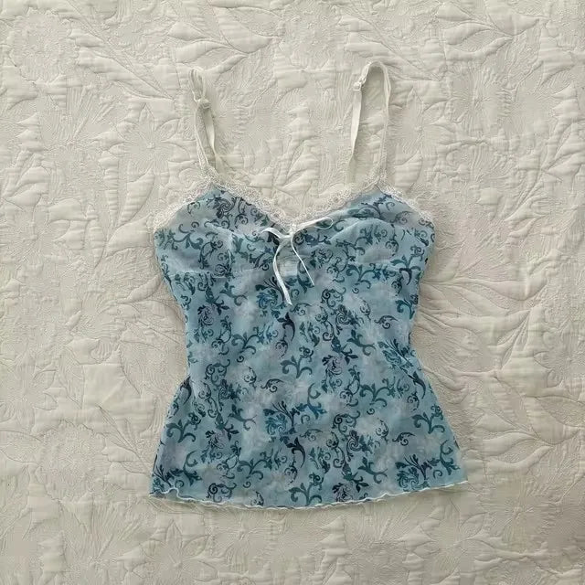 Flower leopard pattern suspenders emo girl casual fashion Y2K crop top chic Harajuku aesthetic sweet urban sexy punk women's top SS69 14.69 SKY BLUE / L