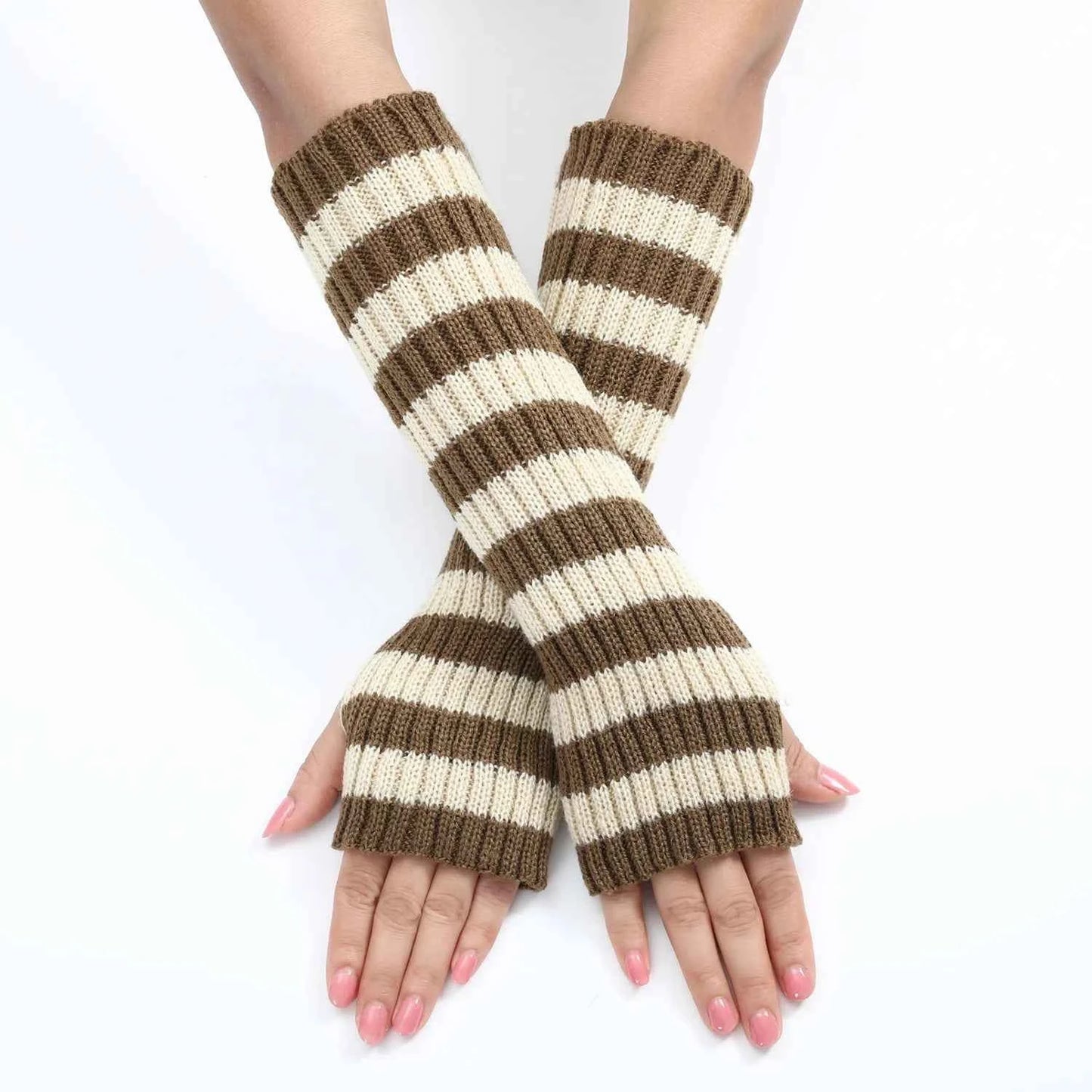 Women's Knitted Fingerless Arm Sleeves Gothic Style Striped Winter Long Arm Warmers Girls Harajuku Y2K Fashion Wrist Gloves
