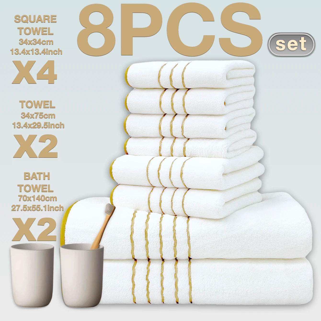 2/3/6/8 Pcs Bath Towel Set White & Gray with Gold Accents, Soft Absorbent Premium Towels for Home, Hotel & Bathroom