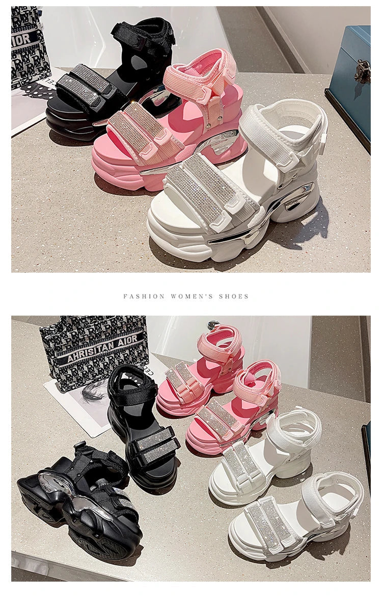 Summer High Platform Women Sandals Buckle 10CM Wedges Bling Shoes Fashion 2023 Outside Chunky Sandals Beach Casual Slides Woman SS69