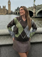 HH 2026 Spring Sweater For Women Elegant Fashion Diamond Plaid Knitted Pullover Sweater Loose Oversized High Street Lady Tops