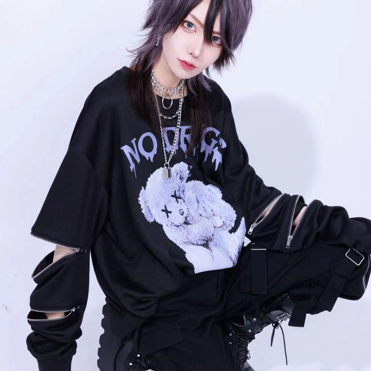 Harajuku Printed Black Zipper Hoodie