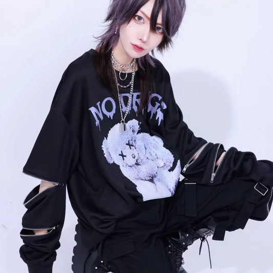 SS69 Japanese Harajuku Printed Black Sweatshirt, Loose Zipper Hoodie