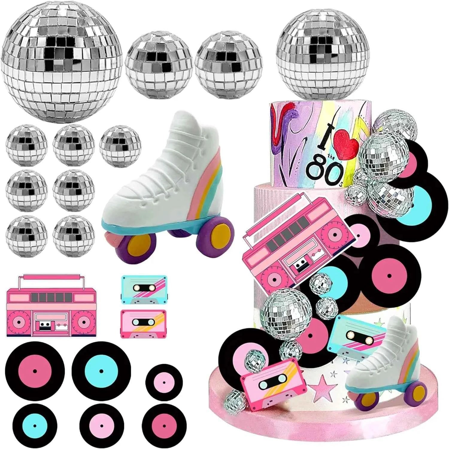 20PCS Retro Roller Skate & Disco Ball Cake Toppers - 80s 90s Hip Hop Skating Theme Party Decor for Birthday Unisex Kids Adults