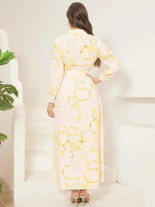 Elegant Long Shirt-Sleeve Dress with Chain Print Design, Belt & Pocket - Sophisticated Collared Neck, Button Details