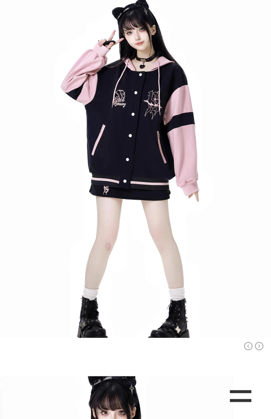 Pink and Black Splicing Color Hooded Baseball Jacket Casual Pant Sets 2025 Spring and Autumn Sweet Cool Girl Students Outfits SS69