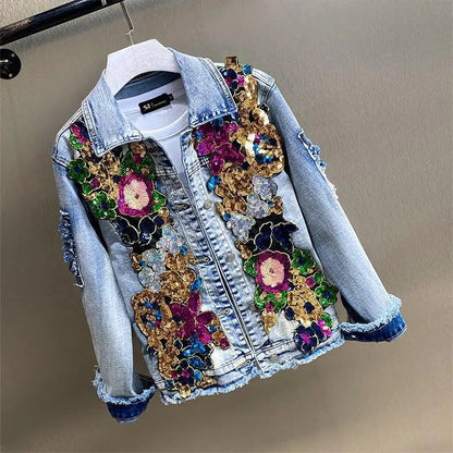 Retro Diamonds Embedding Floral Embroidery Denim Coat Spring Flowers Sequins Appliques Slim Jeans Jacket Cowboy Cardigan Jaqueta SS69