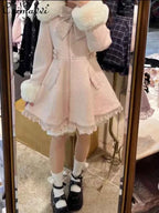 Japanese Sweet Bow Slim Medium Long Woolen Coat Winter New Faux Fur Collar Lolita Girl Women's Pink White Wool Jacket Overcoat
