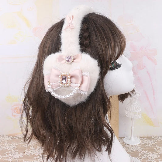 Sweet Mine Hairy Rhinestone Big Love Bow Earmuffs - Lolita Style