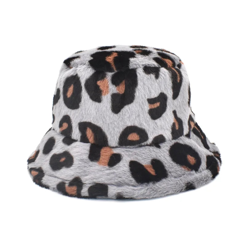 Winter Bucket Hat Women's Fashion Leopard Panama Warm Hats Female Vintage Faux Fur Fisherman Cap Hats For Women Dropshipping