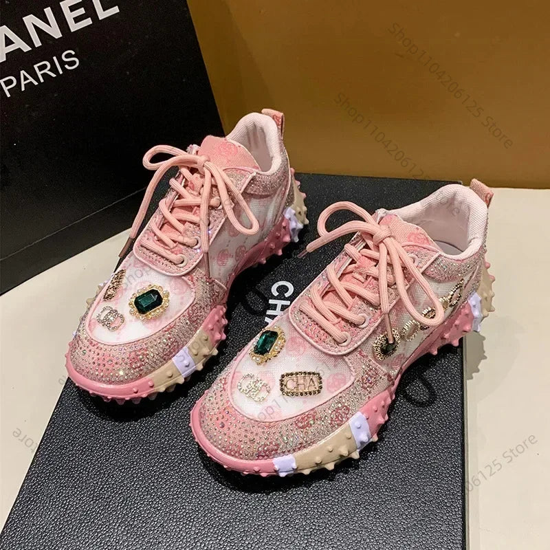 Women's Casual Sneakers Fashion Luxury Rhinestone Ladies Shoes 2024 New Outdoor Platform Female Sports Shoes Vulcanized Shoes SS69 27.69 Pink / 35