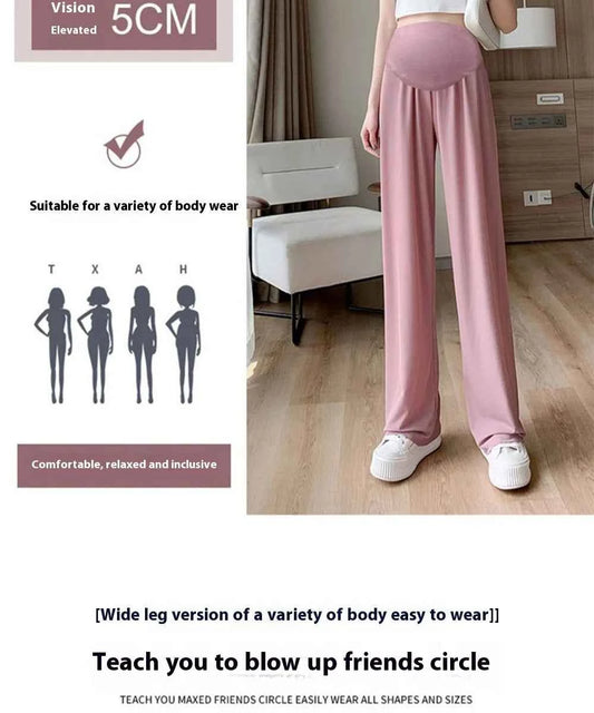 Summer Women's Maternity with Pockets Large Size Maternity Trousers Outside Wearing Thin Section of Ice Silk Draped Wide-Legged