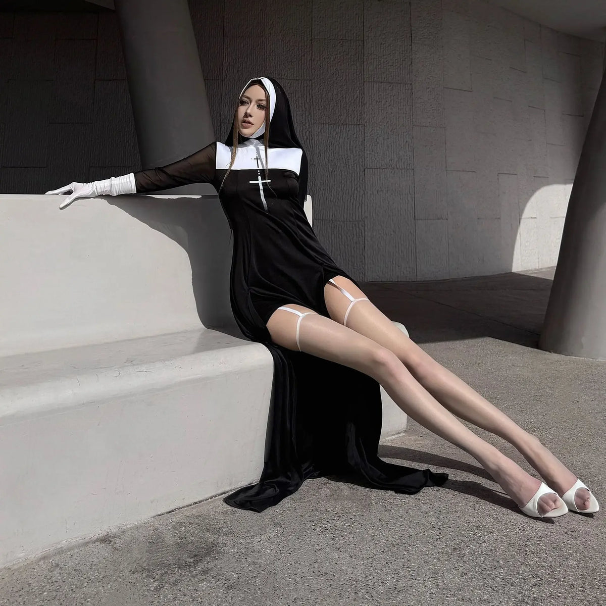Adult Women Sexy Halloween Costume Anime Nun Cosplay Fancy Dress Gothic Robe Long Black Uniform Carnival Party Themed Events