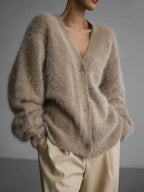 Women's V-Neck Cardigan Sweater Coat - Solid Knit, Single Breasted