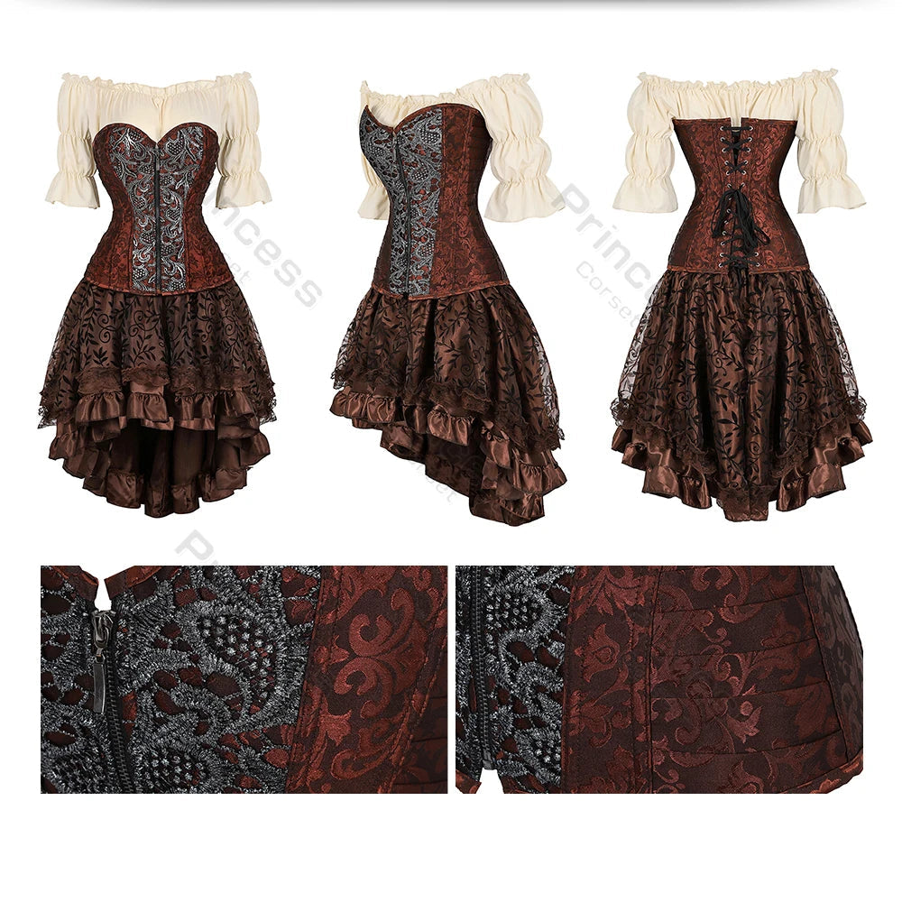 Brown Pirate Dress Plus Size Faxu Leather Steampunk Corset Dress with Shoulder Off Blouse Cosplay Pirate Costume for Women SS69