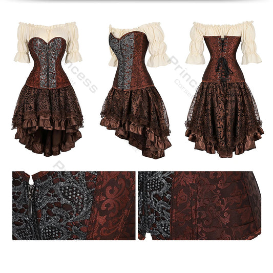 Brown Pirate Dress Plus Size Faxu Leather Steampunk Corset Dress with Shoulder Off Blouse Cosplay Pirate Costume for Women SS69