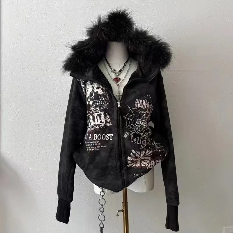Women Y2K Gothic Zip Up Hoodie Red Faux Fur Collar Embroidery Rhinestone Hooded Jacket Grunge Streetwear Casual Sweatshirt