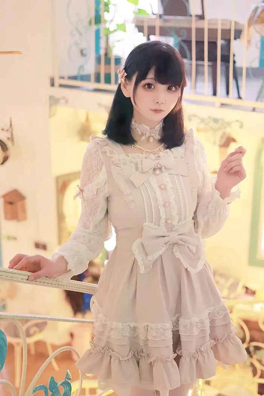 Japanese Liz Dresses Women Autumn New Girl's Sweet Cute Bud Mini Series Mass Production Angel Small Cake Dress Bow Lolita Dress