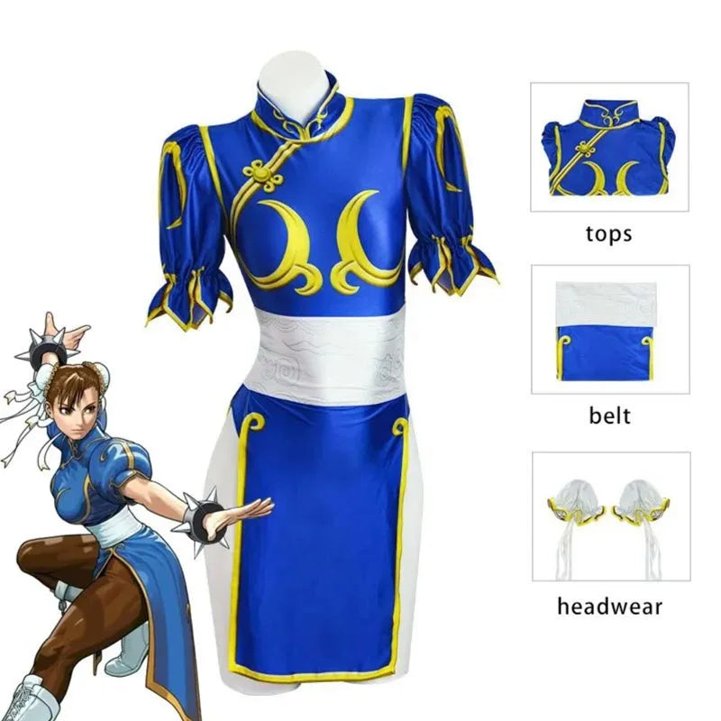 Chun Li Cosplay Dress Set - Women's Blue Qipao Game Costume