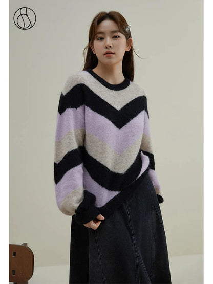 DUSHU Loose Soft Sticky Stripe Knit Shirt Pullovers Winter 2023 New Peruvian Alpaca Wool Inner Layer Knit Pullovers For Women SS69