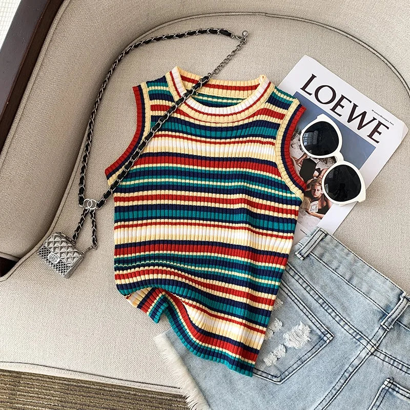 YuooMuoo Chic Fashion Knitted Tops Women 2025 Summer Y2K Rainbow Striped Slim Elastic Sleeveless Tank Tops Steetwear Lady Shirts SS69