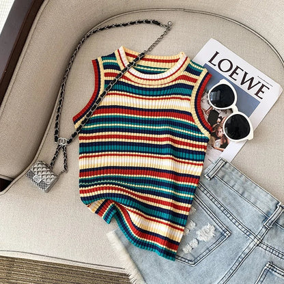 YuooMuoo Chic Fashion Knitted Tops Women 2025 Summer Y2K Rainbow Striped Slim Elastic Sleeveless Tank Tops Steetwear Lady Shirts SS69