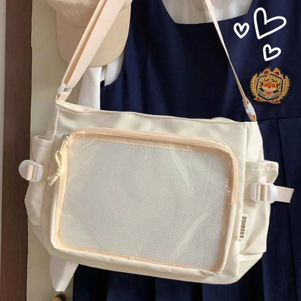 Women Ita Bag Japanese Style Shoulder Purse with Clear Window Cartoon Book Bag Multi-pockets Adjustable Strap Trendy Outdoor Bag