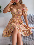 Summer Women's Beach Dress Floral 3D Print Square Neck Short-Sleeved Ladies Waist Ruffled A-Line Dress For Women Holiday Dresses
