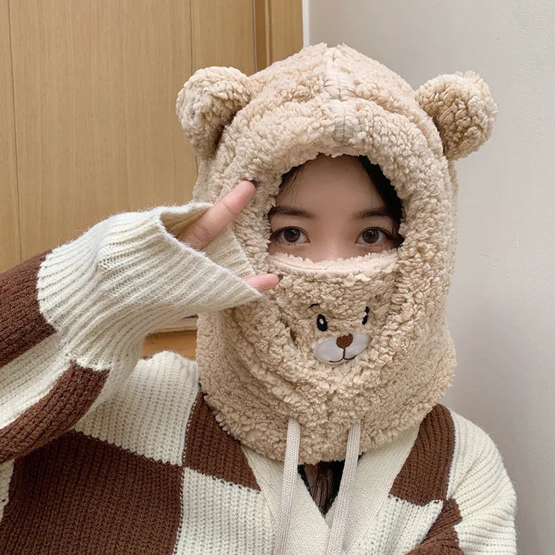 Winter Cartoon Hat With Mask Bear Lamb Beanie Hats Warm Thickened Ear Protection Skullies Beanies for Women Girl Kawaii SS69