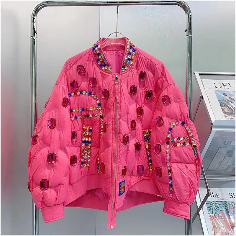 Winter Ruffles Mesh Stitching Rainbow Diamonds Parkas Jacket Gauze Pleated Gemstones Cotton-padded Coat Zippers Crystal Outwear SS69 77.69 B / M