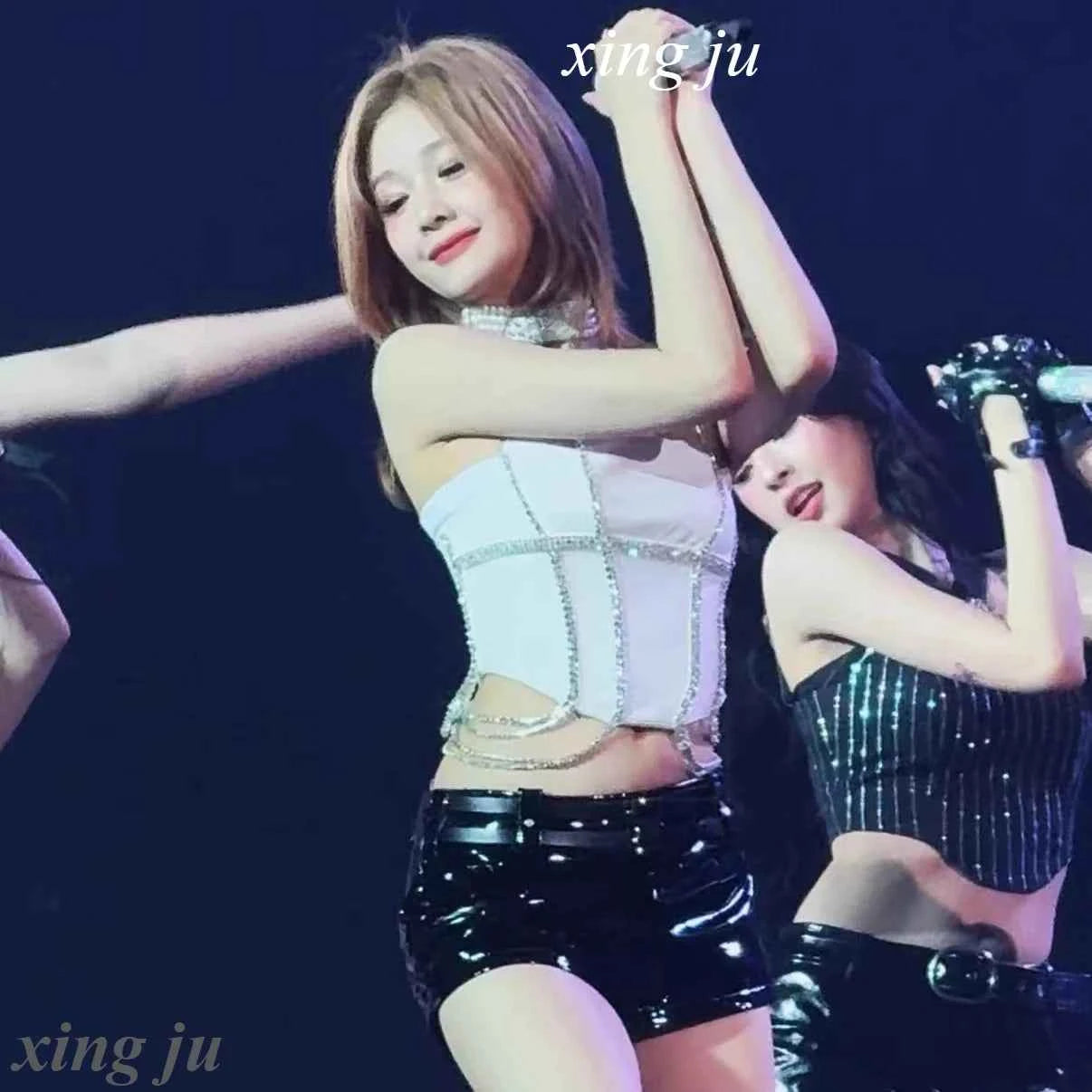 Kpop Singer Sexy White Sling Tops Tight Leather Shorts Korean Group Concert Stage Performance Outfits Women Jazz Dance Costume