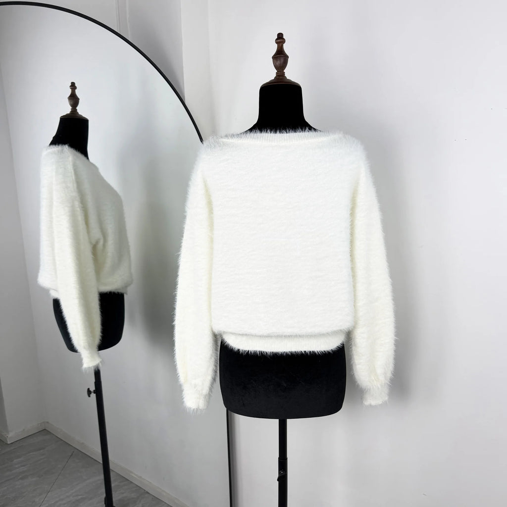 Talenza Women's Plush Pullover Fashion Solid Loose High Street Sweaters Vintage Chic Strapless Autumn Casual Female Pullovers