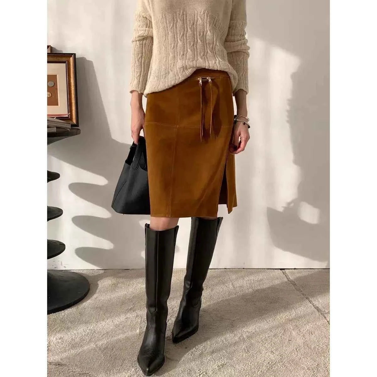 Retro Brown Genuine Kid Suede Real Leather Pencil Skirt Side Slit Soft Lambskin Midi Skirt with Knee Length Women