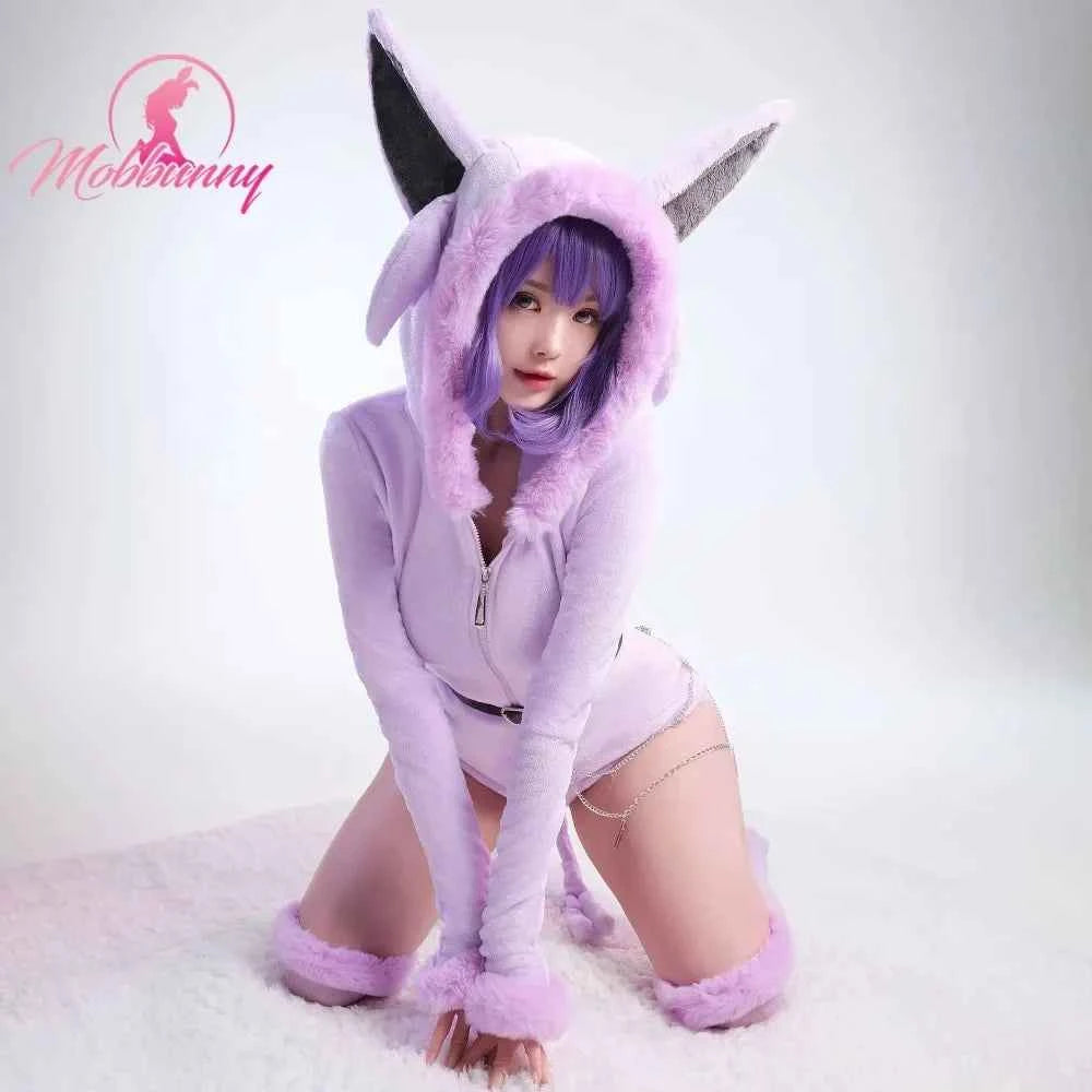 MOBBUNNY Espeon Cosplay Costume Women Hooded Bodysuit Tail Socks Suit Cute Cartoon Flannel Pajamas Bunny Girl Plush Jumpsuit