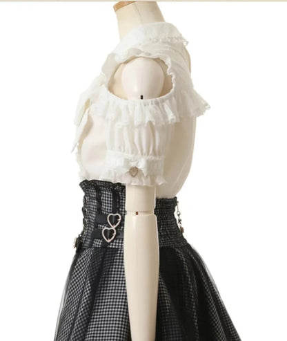 Japanese Liz Mine Women's Shirt Summer Off Shoulder Big Bow Short Sleeve Top Cute Girl BlousesHigh Waist Skirt 2 Piece Skirt Set SS69