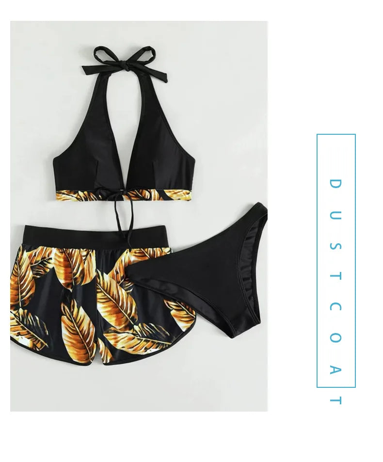 Women 2024 New Bikinis 6 Colors Sexy Halter Bikini 3 Piece Set Leafs Print High Waisted Swimsuit Beach Bathing Suit Size S-XXL SS69