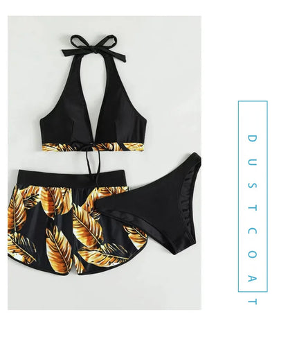 Women 2024 New Bikinis 6 Colors Sexy Halter Bikini 3 Piece Set Leafs Print High Waisted Swimsuit Beach Bathing Suit Size S-XXL SS69