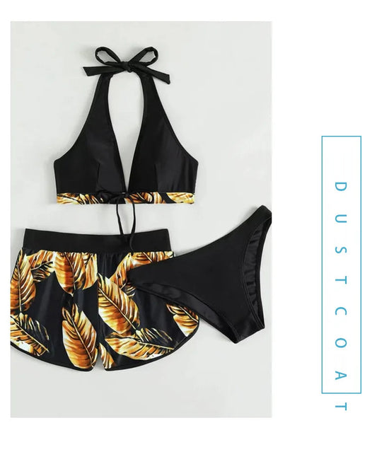 Women 2024 New Bikinis 6 Colors Sexy Halter Bikini 3 Piece Set Leafs Print High Waisted Swimsuit Beach Bathing Suit Size S-XXL SS69