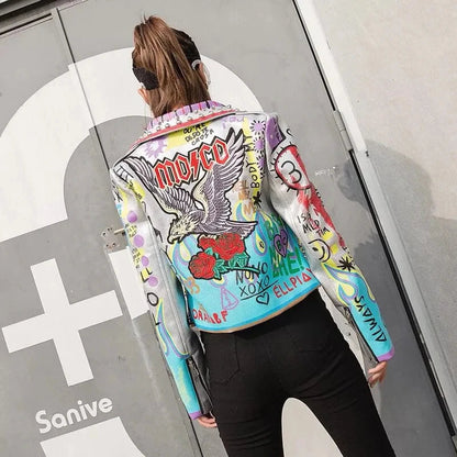 Womens Rivet Beading Pu Jacket Hit Color Streetstyle Graffiti Outerwear Letters Printed Leather Jackets Short Punk Street Coat SS69