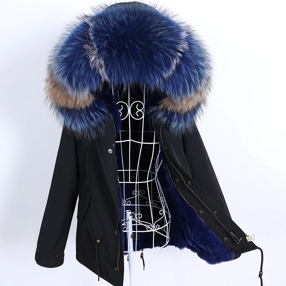 Maomaokong Winter Women Parka Cotton Jacket Real Fur Coat Natural Fox Fur Hooded Rabbit Fur Liner Thick Warm Outerwear Female