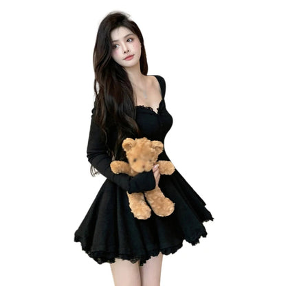 Women Sexy Korean Dress French Style Waist Closed Long Sleeve Collarbone Exposed Sweet SS69