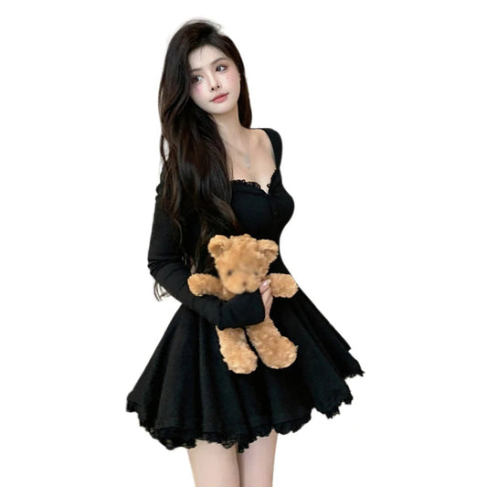 Women Sexy Korean Dress French Style Waist Closed Long Sleeve Collarbone Exposed Sweet SS69