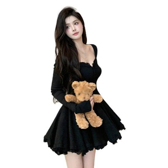 Women Sexy Korean Dress French Style Waist Closed Long Sleeve Collarbone Exposed Sweet SS69